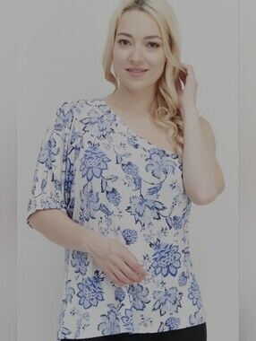 Cooper And Ella Off The Shoulder Blouse Top Size Medium Floral Regency Blue